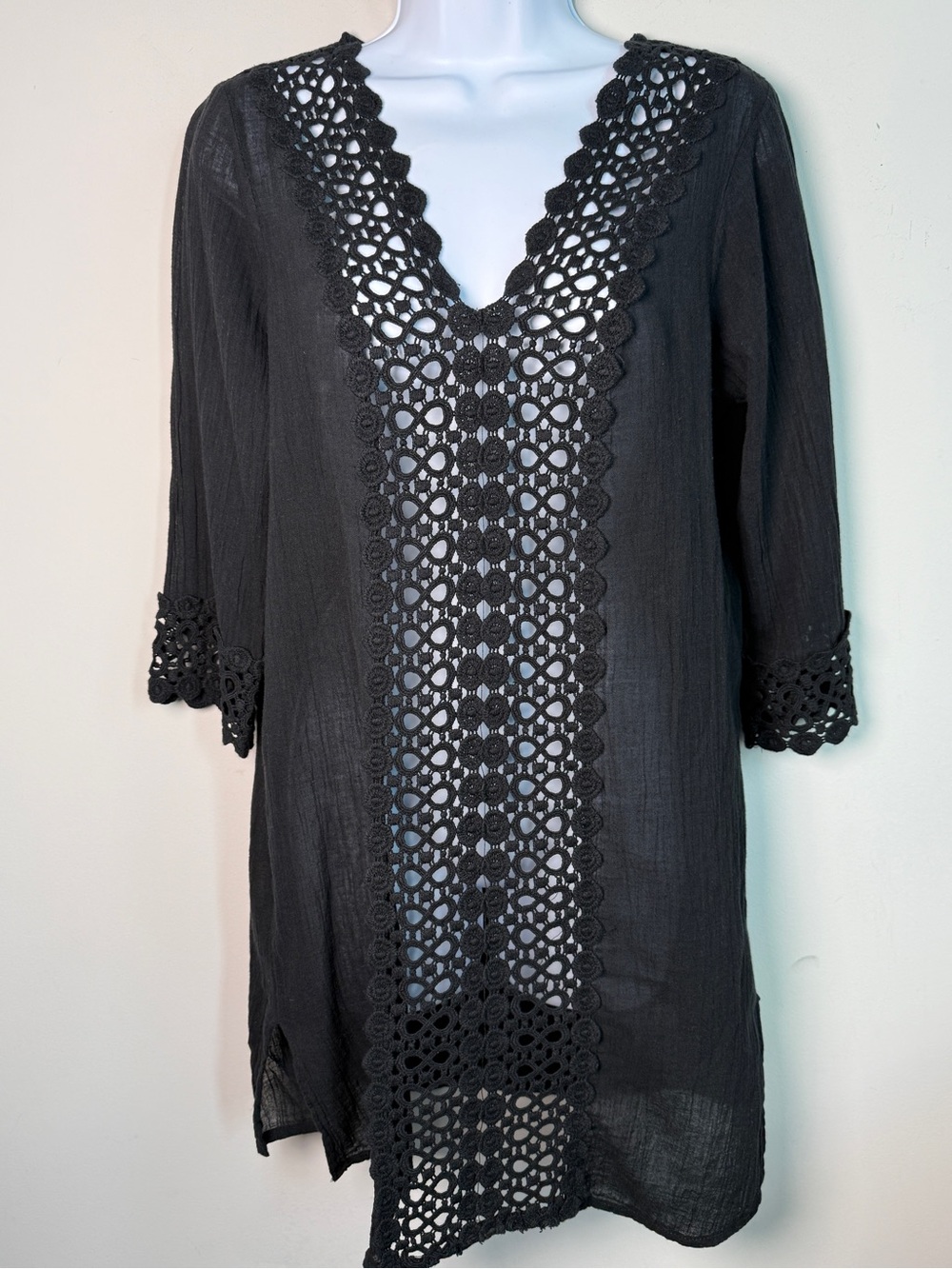 Blue Island Crochet Trim Tunic Cover Up Black Boho Beach Bohemian Sz S